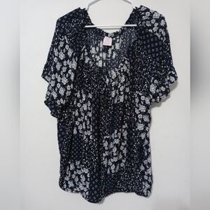 Luna Women's 3X Navy blue white Floral Short ruffle sleeve Blouse Tie neckline